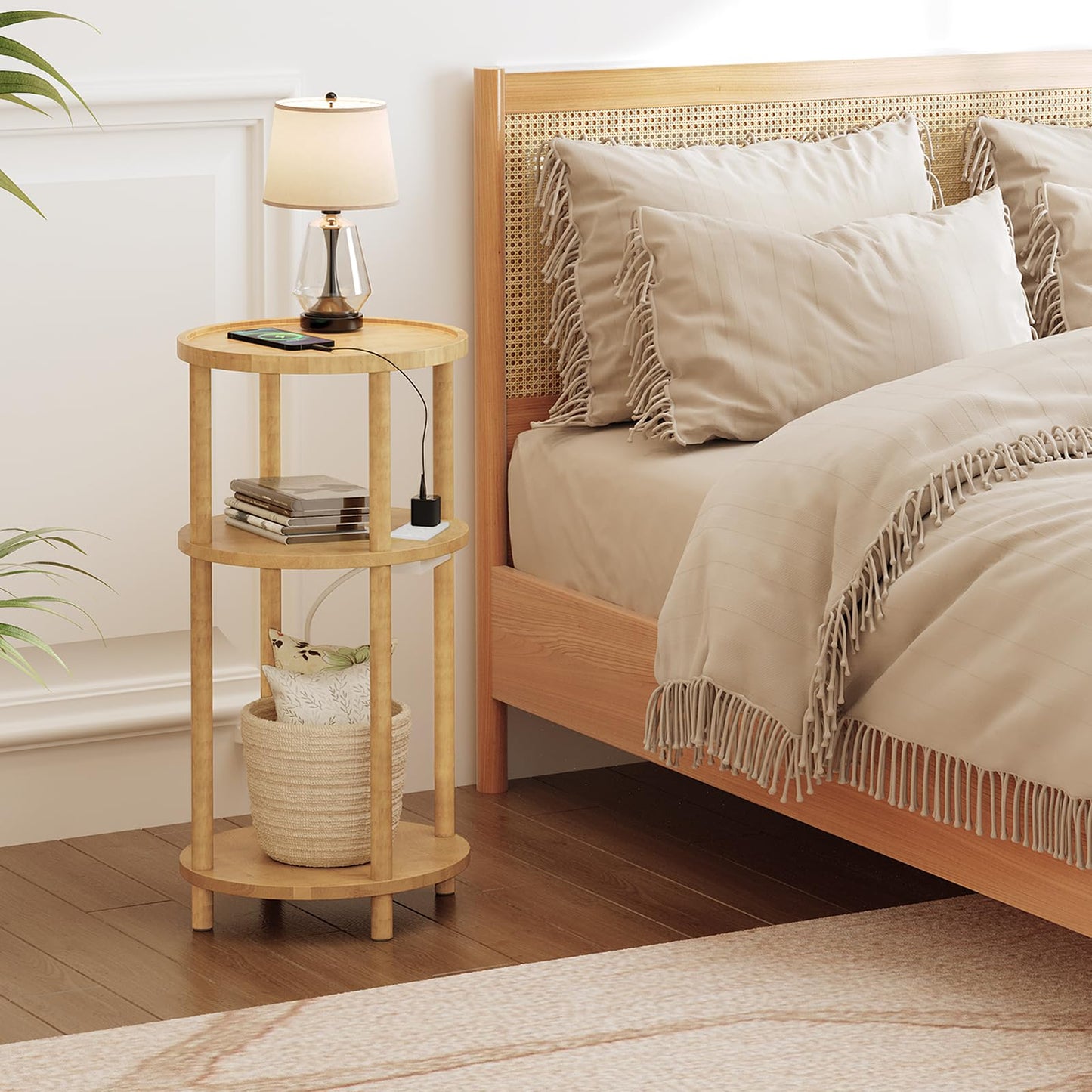 HOOBRO Round Side Table with Charging Station, 3-Tier Bamboo Small Sofa Table, Small Table Bedside Table with 1 AC, 1USB Port, 1 Type-C
