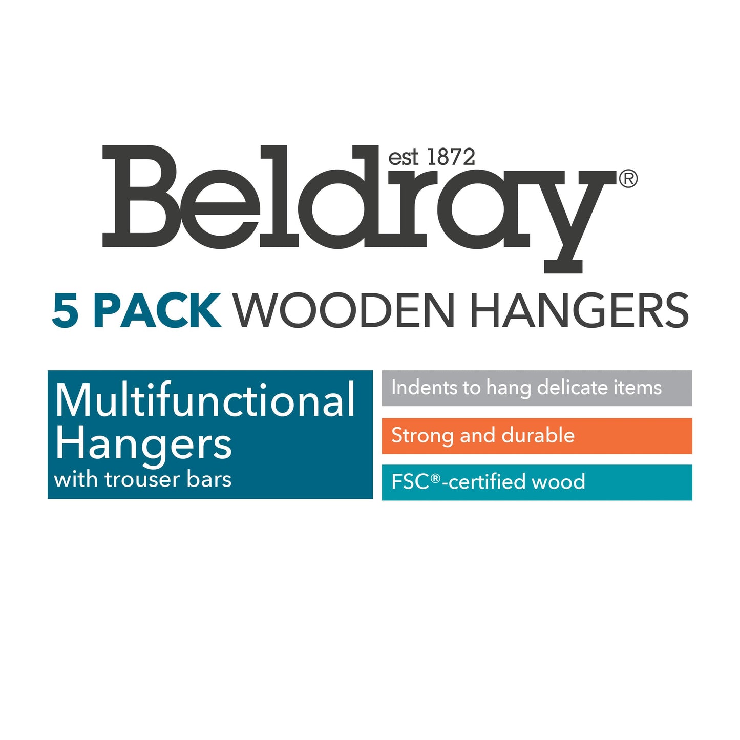 Beldray Wooden Clothes Hangers – Pack of 5 Sturdy Suit Hangers, Multifunctional Garment Hangers with Trouser Bar, Wardrobe Organiser