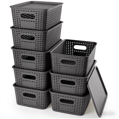 Xaztr 8 Pack Plastic Storage Basket with Lids, Stackable Storage Bins Containers, Decorative Storage Boxes Bulk for Organizing Shelves, Bathroom