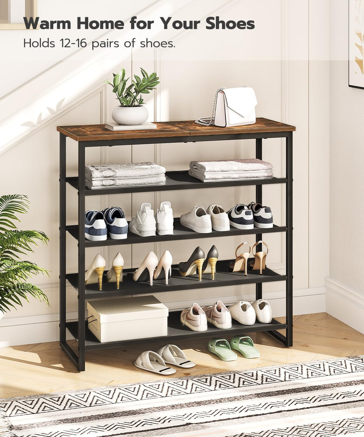 HOOBRO Shoe Rack, 5 Tier Shoe Storage Organizer with 4 Oxford Fabric Shelves and Top Panel, Holds 16-20 Pairs of Shoes, for Entryway and Closet