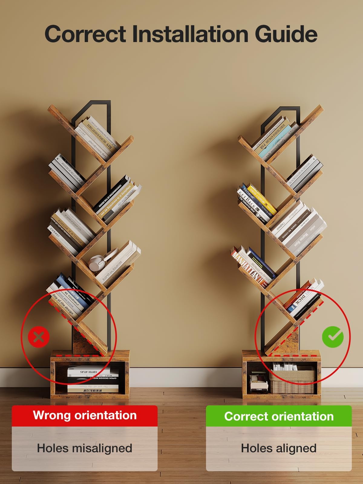 Coleshome 6-Tier Tree Bookcase, Wooden Bookshelf, 110.5cm, Brown