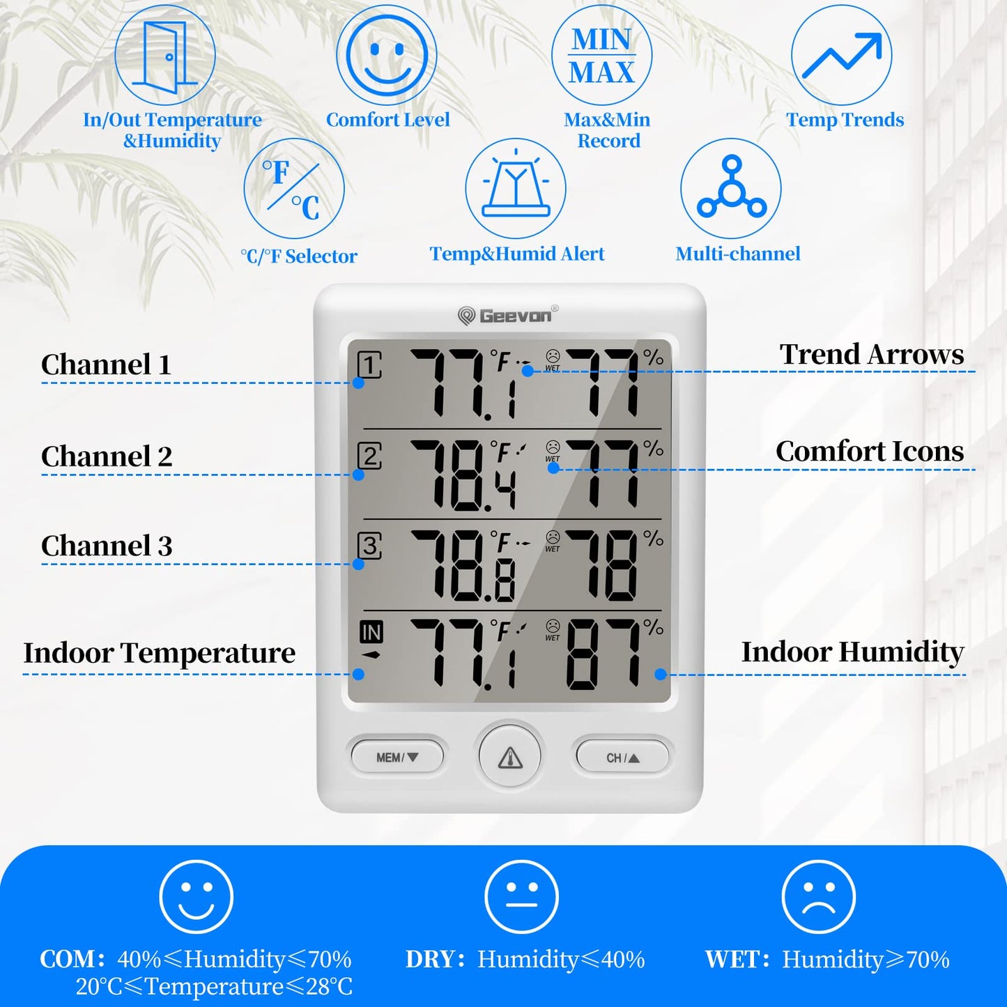 Geevon Indoor Outdoor Thermometer Wireless with 3 Remote Sensors, Digital Hygrometer Indoor Thermometer, Temperature Humidity Monitor Gauge with