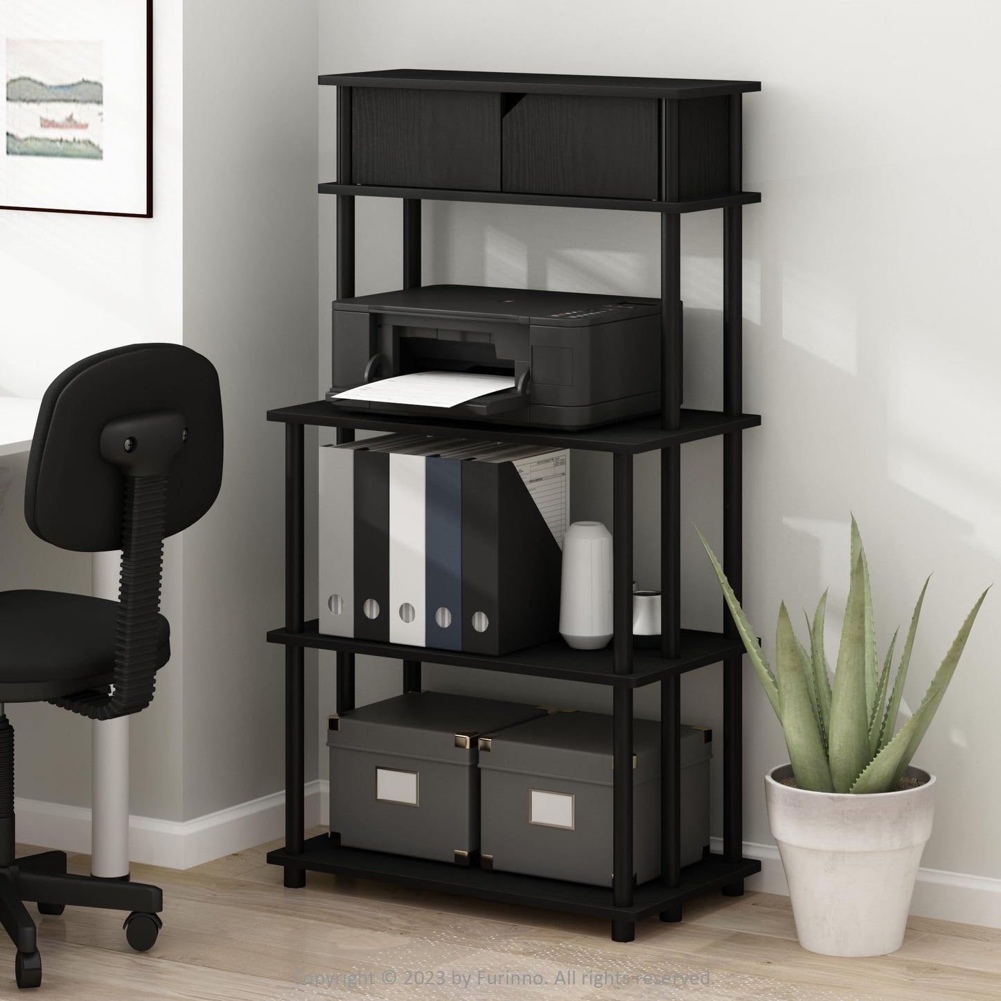 Furinno TURN-N-TUBE Printer Stand with Storage, 5-Tier Large Printer Stand, Standing Printer Table with Top Cabinet, for CPU, Office Supplies