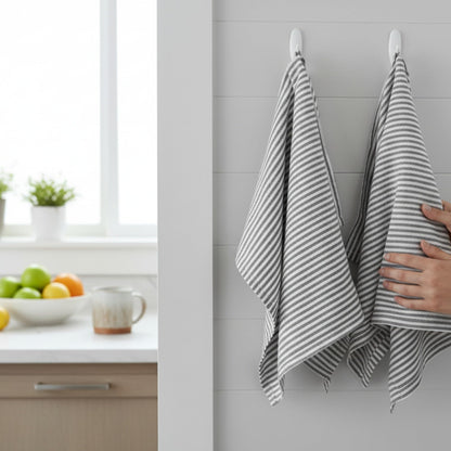 Eight Owls Stonewashed Linen Kitchen Dish Towels – 50 x 68 cm – 100% Pure Linen Tea Towel/Hand Towel - set of 2 (Charcoal Stripe)