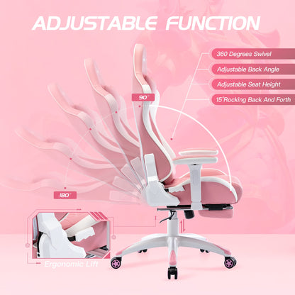 S*MAX Pink Gaming Chair with Footrest Thicken Seat Ergonomic Gaming Chairs with 3D Armrest PU Leather Headrest and Lumbar Support Racing Style High