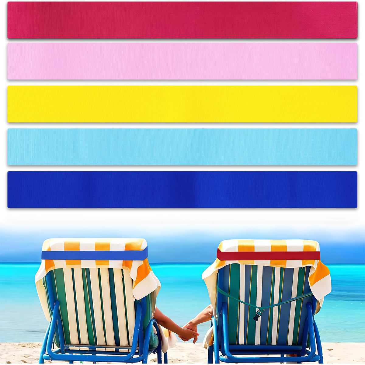 Solihigh 5Pcs Beach Towel Bands for Sun Loungers, 40x4cm Elastic Windproof Sunbed Straps, Non-Slip Chair Towel Holders for Pool