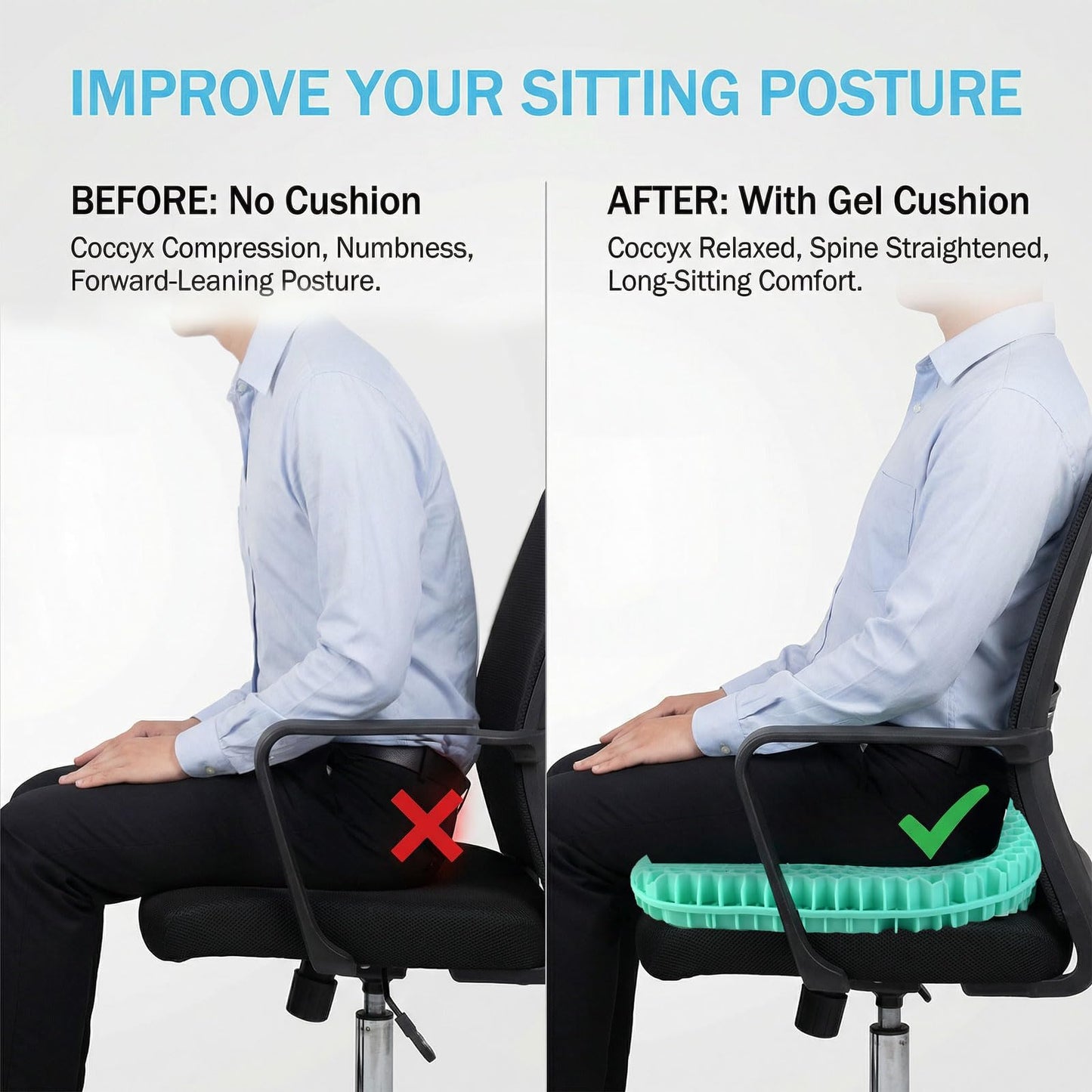 wiksite Gel Seat Cushion - Double Thick Egg Seat Cushion for Long Sitting Cool Breathable Honeycomb Design Chair Gel Cushion for Support and