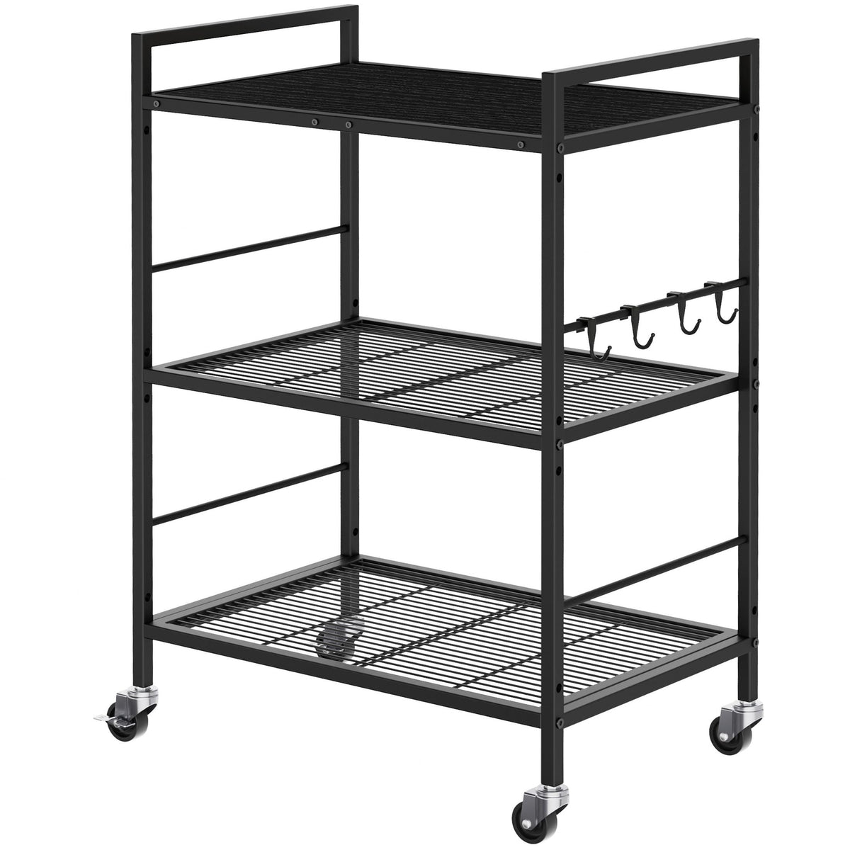 3-Tier kitchen trolley,Black Wood Top,60W×40Dcm,4 Hooks, Adjustable Shelves