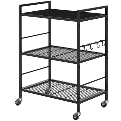 3-Tier kitchen trolley,Black Wood Top,60W×40Dcm,4 Hooks, Adjustable Shelves