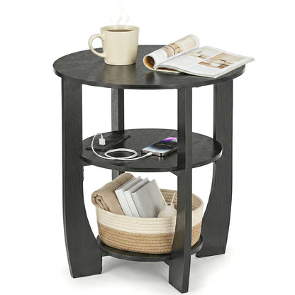 ZEXVIDA Round Side Table with Charging Station, 3 Tier End Table with USB Ports & Outlets, Nightstand for Bedroom,Living Room,Small Spaces