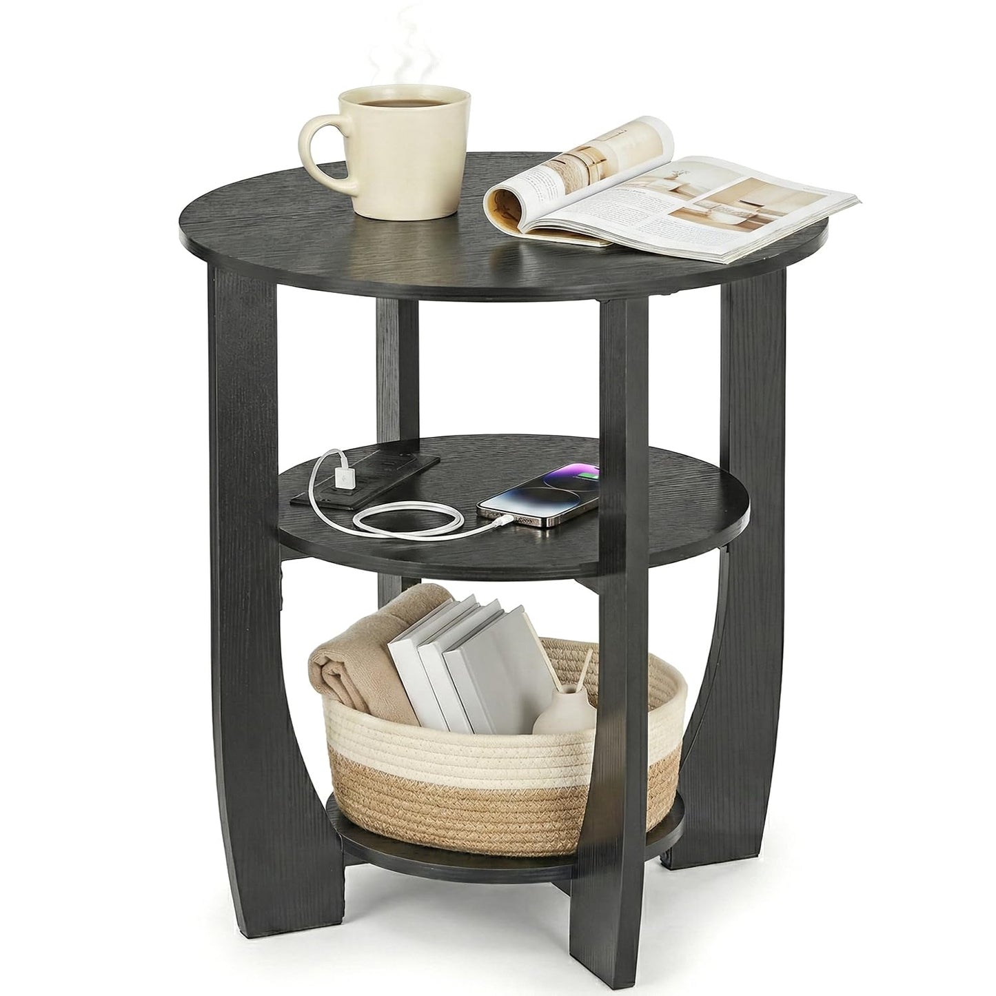ZEXVIDA 3 Tier Round Side Table, Farmhouse Wood End Tables with Storage, Country Accent Small Sofa Bedside Table Coffee Table for Living Room Bedroom