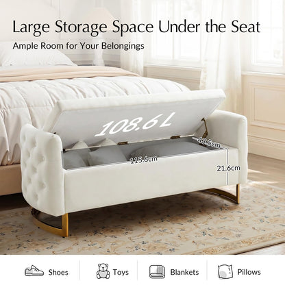 HULALA HOME Large Storage Bench with Metal Base for End of Bed, Ivory