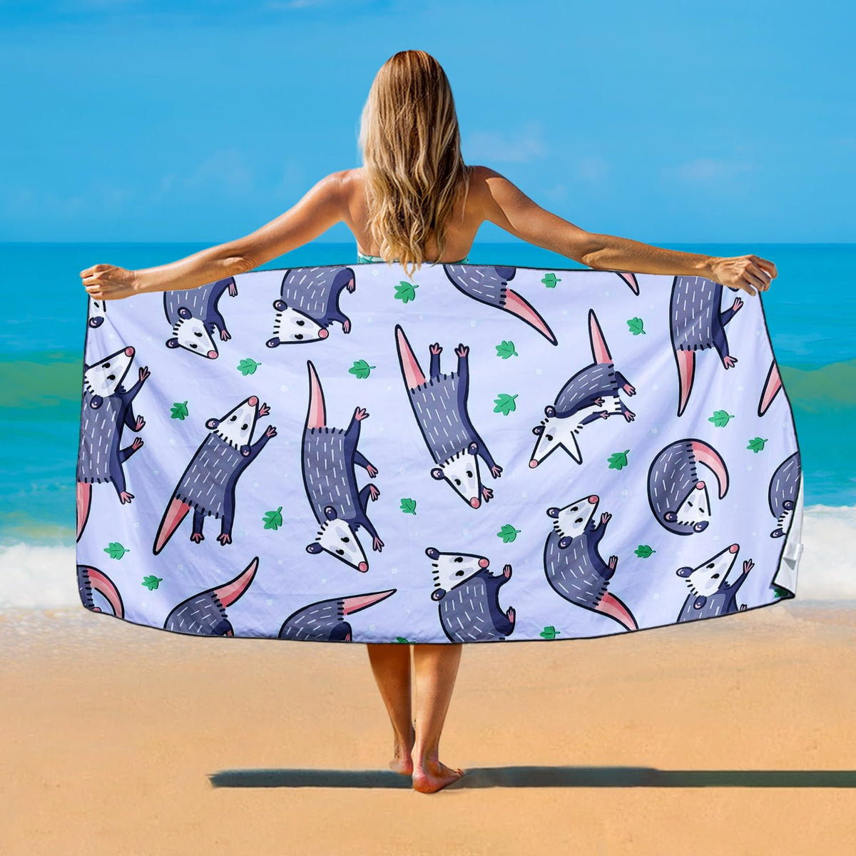 Violetpos Cute Opossum Print Beach Towel, Extra Large 180x90 cm 250GSM Microfibre, Sand Free Quick Dry