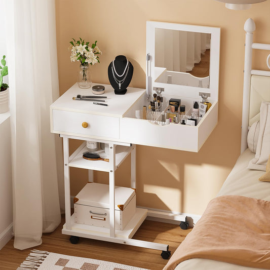 Ulifance Moveable Dressing Table for Small Spaces, Vanity Desk with Mirror with Drawers and Shelves, Makeup Vanity Computer Desk for Bedroom