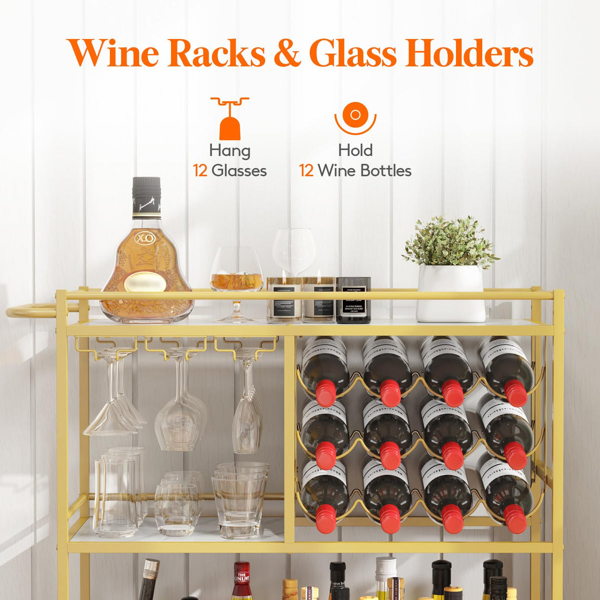 Lifewit 3 Tier Drinks Trolley with Lockable Wheels,Gold