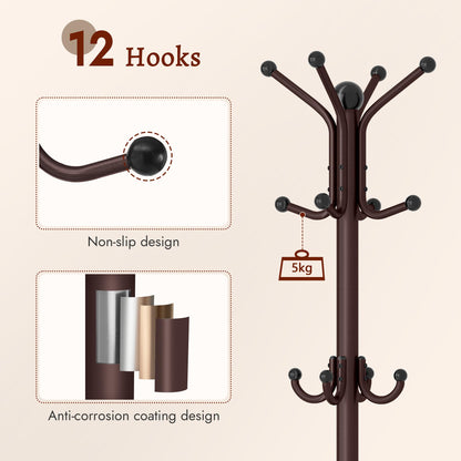 FAVOOSTY Coat Stand Coat Rack with 12 Hooks, Free standing Clothes Clothing Rack with Umbrella Holder, Hats