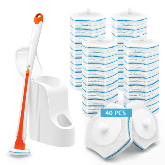 JEHONN Disposable Toilet Bowl Cleaner Wand with 40 Cleaner Refills, Wall Mounted Long Handle Compact Bathroom Scrub Brush Holder Set for Sink Bathtub