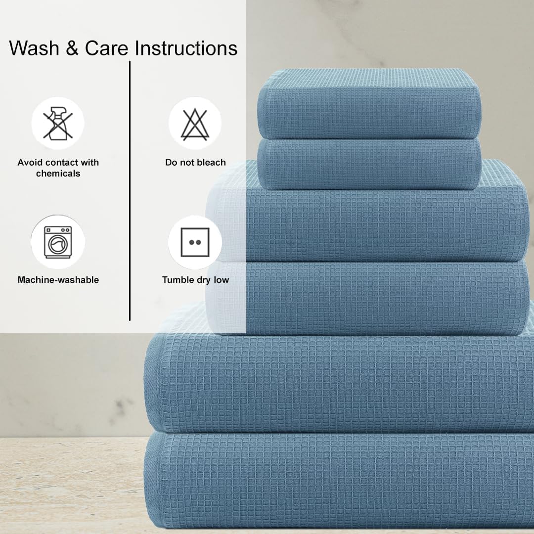 CASA COPENHAGEN Waffle 4-piece bath towel set – Old Blue, 70x140 cm, Egyptian cotton, designed in Denmark, for bathroom, kitchen & shower