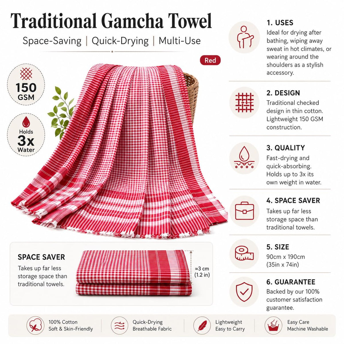 Mayaka786 Light weight Gamcha Bath Towel - Indian Bengali Style (Red)