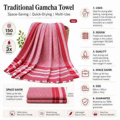 Mayaka786 Light weight Gamcha Bath Towel - Indian Bengali Style (Red)