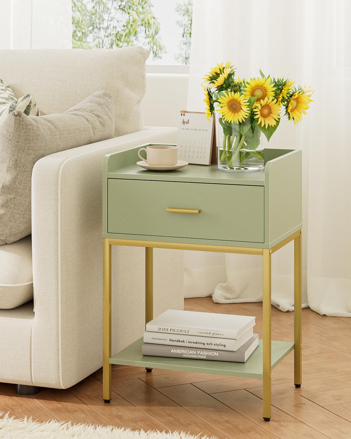 HEYZOEY Bedside Table, 3-tier Modern Bedside Table with Storage Drawer and Shelf, Small Side Table for Bedroom, Living Room, Green