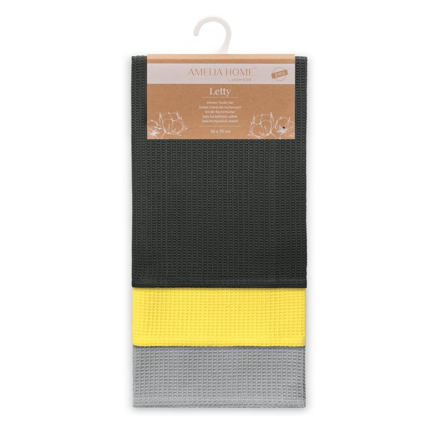 AmeliaHome Set of 3 tea towels, cotton, kitchen towels, 50 x 70 cm, waffle pique, waffle fabric, Letty, anthracite, grey, yellow