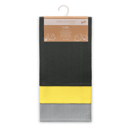AmeliaHome Set of 3 tea towels, cotton, kitchen towels, 50 x 70 cm, waffle pique, waffle fabric, Letty, anthracite, grey, yellow