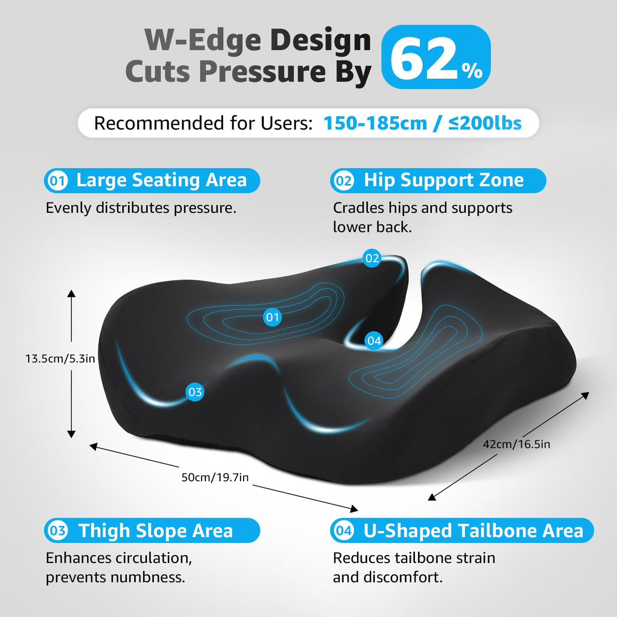 BRO Extra Large Coccyx Cushion with Cooling Cover for Tailbone Pain Relief
