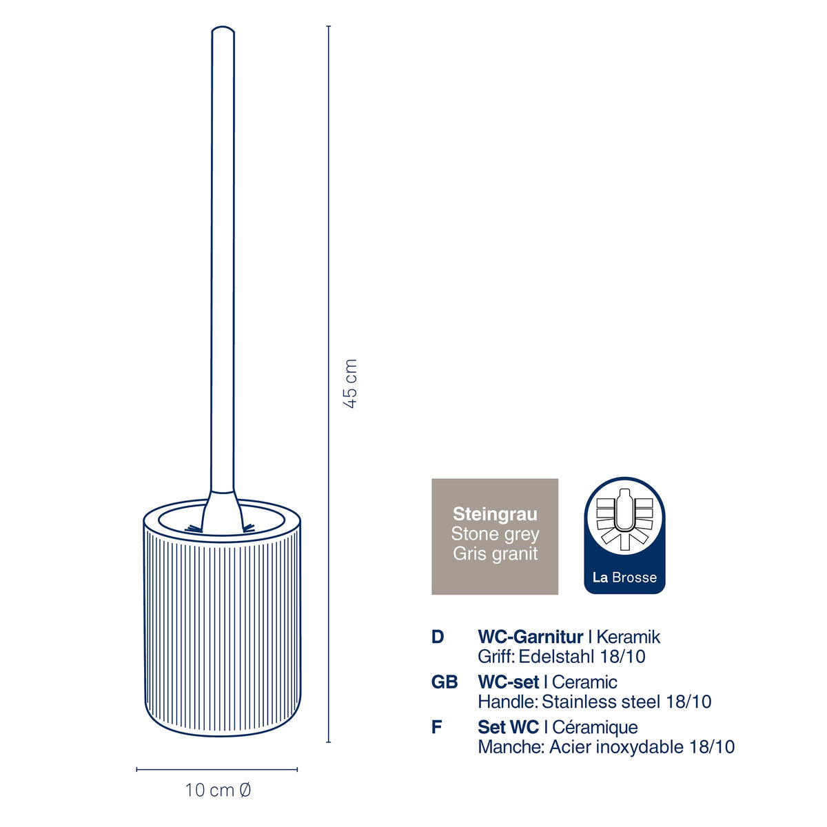 kela Ava 24423 Toilet Brush Set Diameter 10 cm Ceramic Stone Grey Stainless Steel Handle