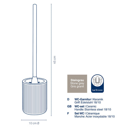 kela Ava 24423 Toilet Brush Set Diameter 10 cm Ceramic Stone Grey Stainless Steel Handle