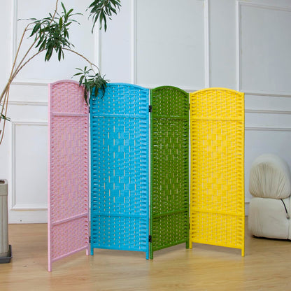 Furnnylane 4 Panel Colorful Rattan Divider Short Room Partition Screen,Double Sided Short Folding Divider for Room Separation,120 cm Tall