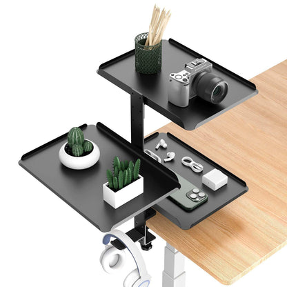 Clampable Desk Organiser Shelf, 3 Tier Bookshelf, Desk Storage Rack, Desktop or Under with Adjustable Metal Tray Headphone Stand