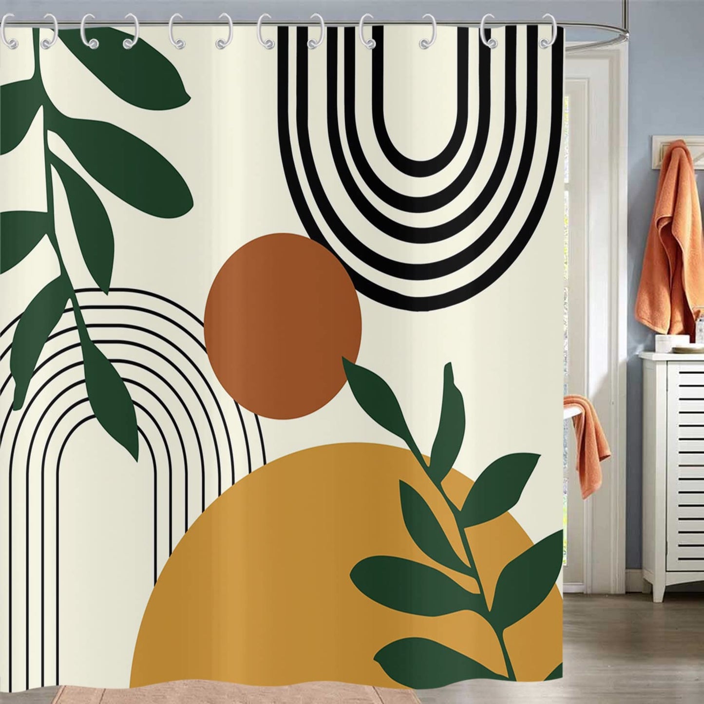 Hnmdmyi Boho Shower Curtain 180x200, Mid Century Abstract Arch Sun Green Leaf Beige Bathroom Curtains Modern Minimalist Aesthetic Art Waterproof