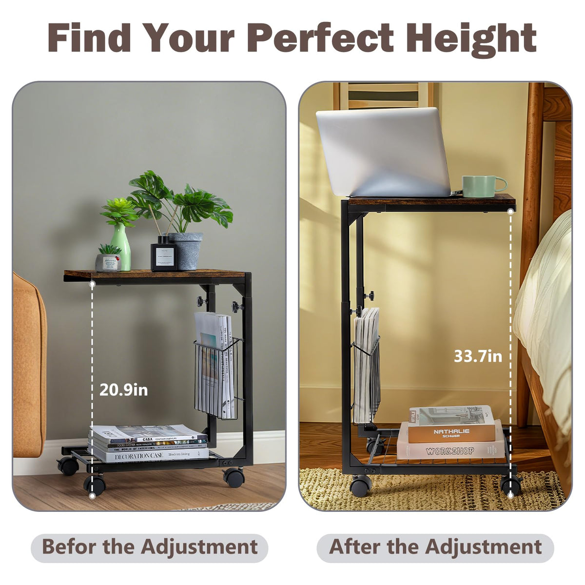 C Shaped Side Table Brown Adjustable C Table End Table With 2-Tier Shelf