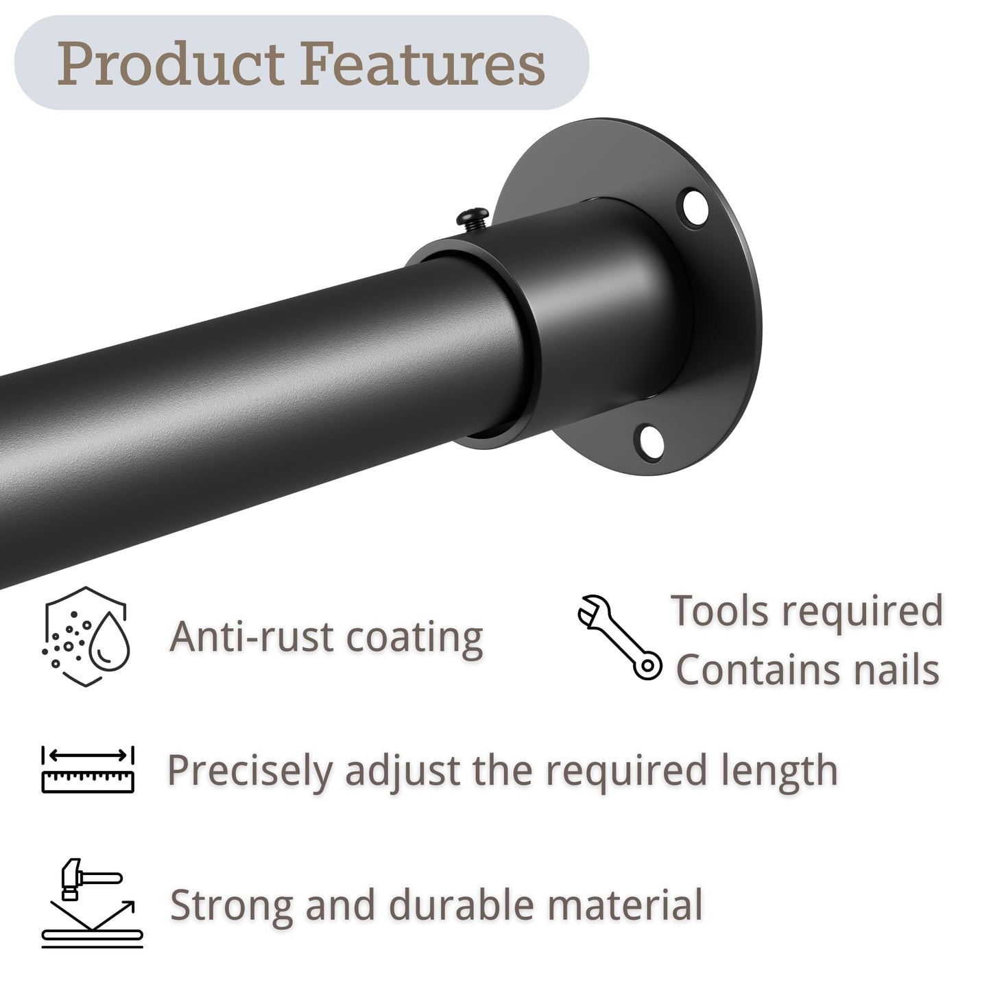 Venwemong Wardrobe Rail,27-42cm Extendable Clothes Hanging Pole, Stainless Steel with Fixing Sockets for Closet & Storage, Black, Diameter 25mm