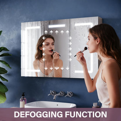 ZANOFIRA 3 Door Illuminated Bathroom Mirror Cabinet, Fully Assembled Large Wall Mounted Cabinet Storage with Shaver Socket, 3 Colors Dimmable