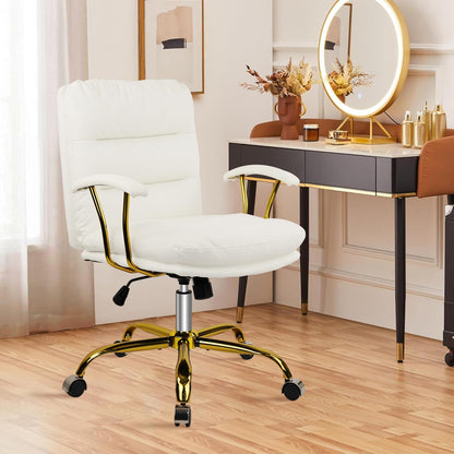 KLASIKA White Leather Office Chair with Gold Legs, Adjustable Height Home Desk Chairs with Padded Seat & Arms