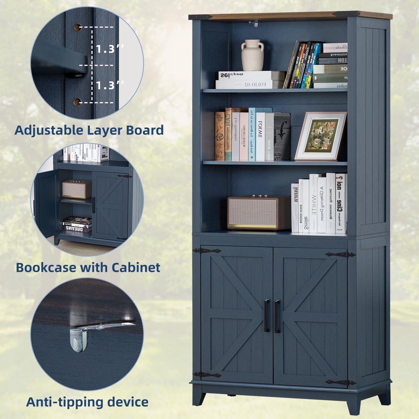 LELELINKY 70in Tall Bookshelf 5 Tier Bookcase with Barn Doors and Adjustable Shelves, Blue Farmhouse Book Shelf with Storage Cabinet