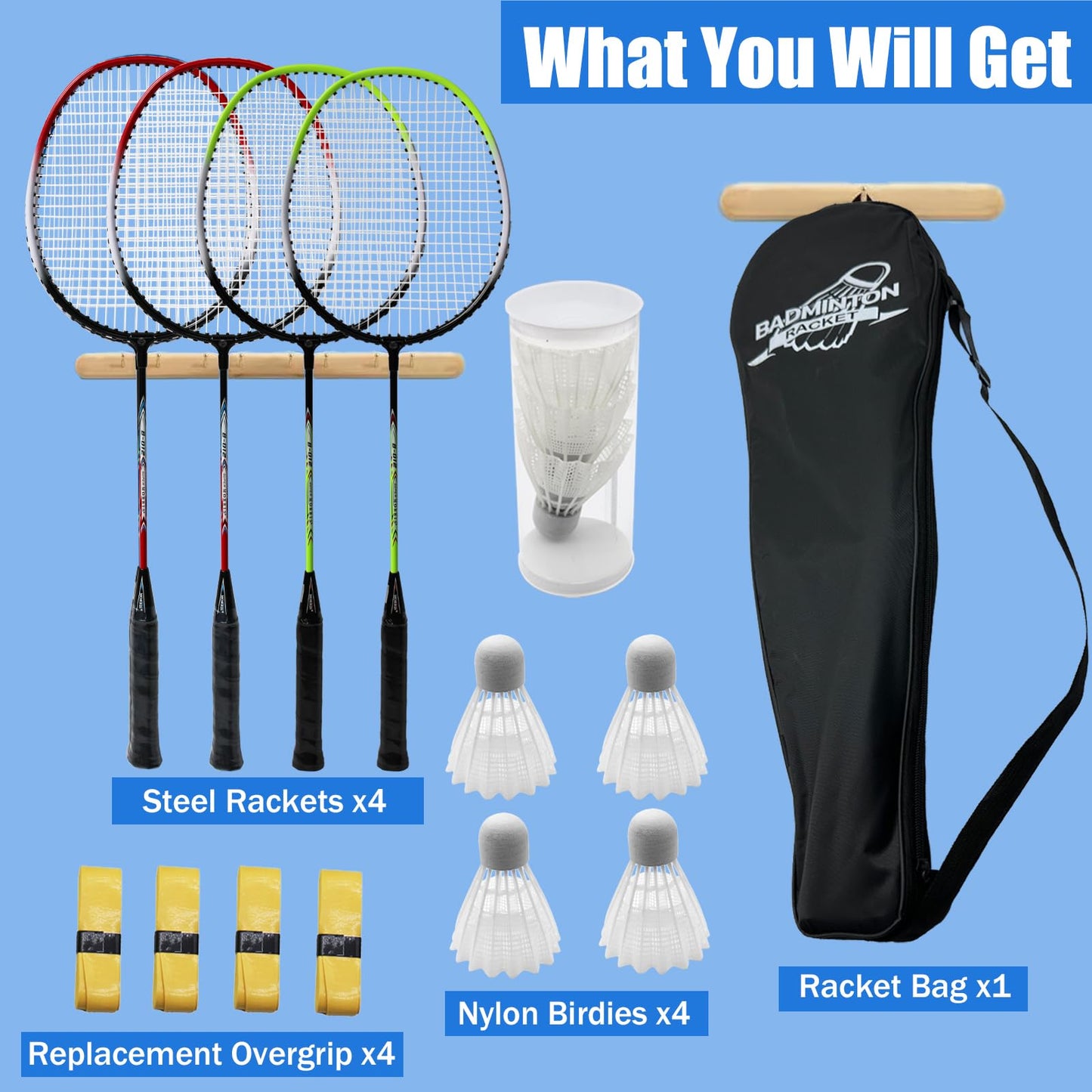 Magicorange Badminton Rackets Set of 4 for Outdoor Backyard Games, Including 4 Racquets,4 Shuttlecocks, 4 Replacement Grip Tapes & 1 Carry Bag