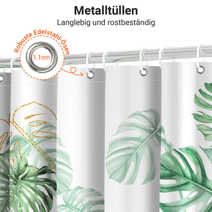Shower Curtain, 120 x 180 cm, Golden Edged Bamboo Leaves Motif, Weighted Hem, Anti-Mould, Water-Repellent