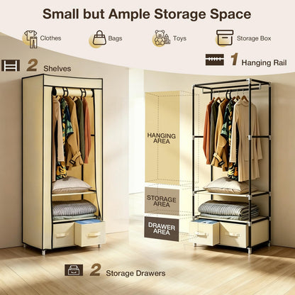 Single Canvas Wardrobe with 2 Drawers and Hanging Rail 160 x 59 x 43CM