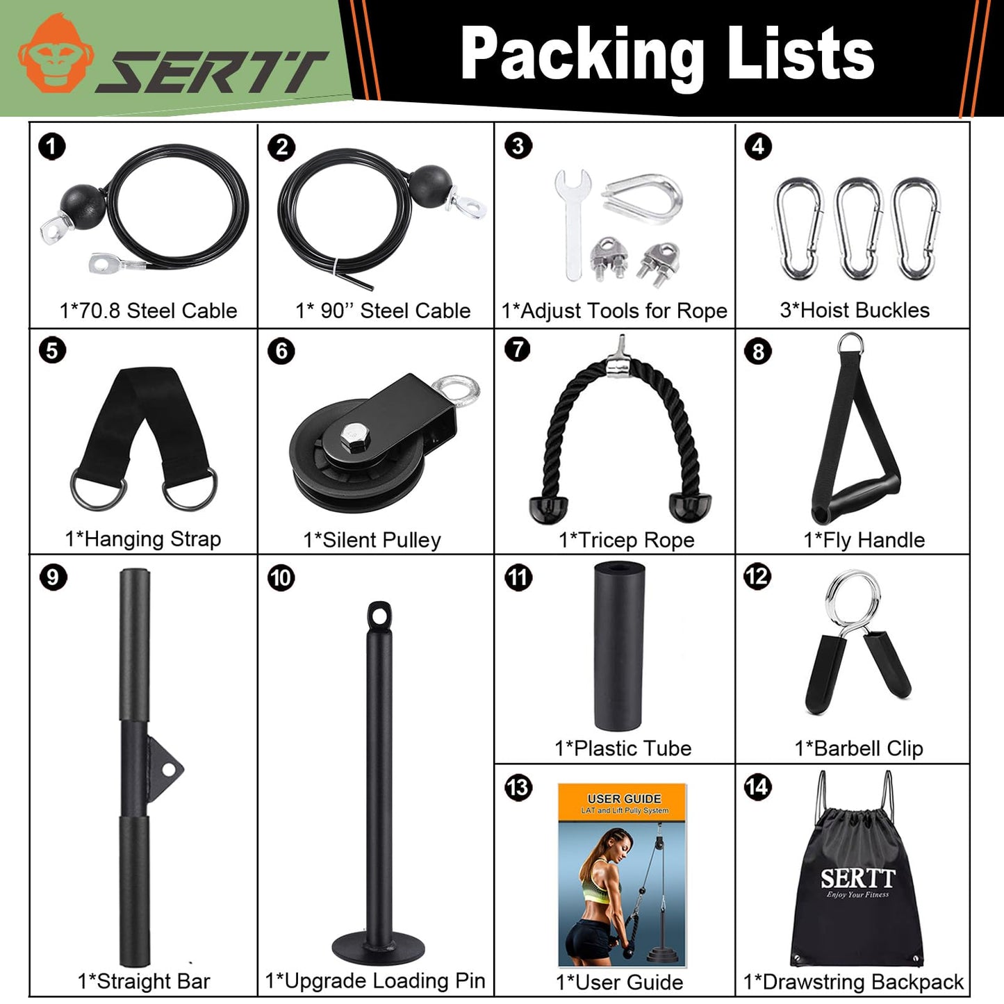 LAT and Lift Pulley System Gym, SERTT Upgraded DIY Fitness Pulley Cable Machine Attachment for Triceps Pull Downs, Biceps Curl, Forearm, Shoulder -