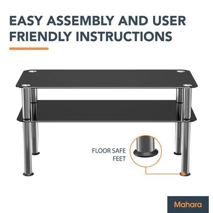 mahara Black Glass Coffee Table - Slimline side table with shelf polished stainless steel legs - Small table W80cm x D40cm x H41.5cm