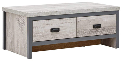 GFW Boston Grey Wood Effect Coffee Table, 2 Drawer Storage Coffee Table with Industrial Design and Chunky 30mm Top