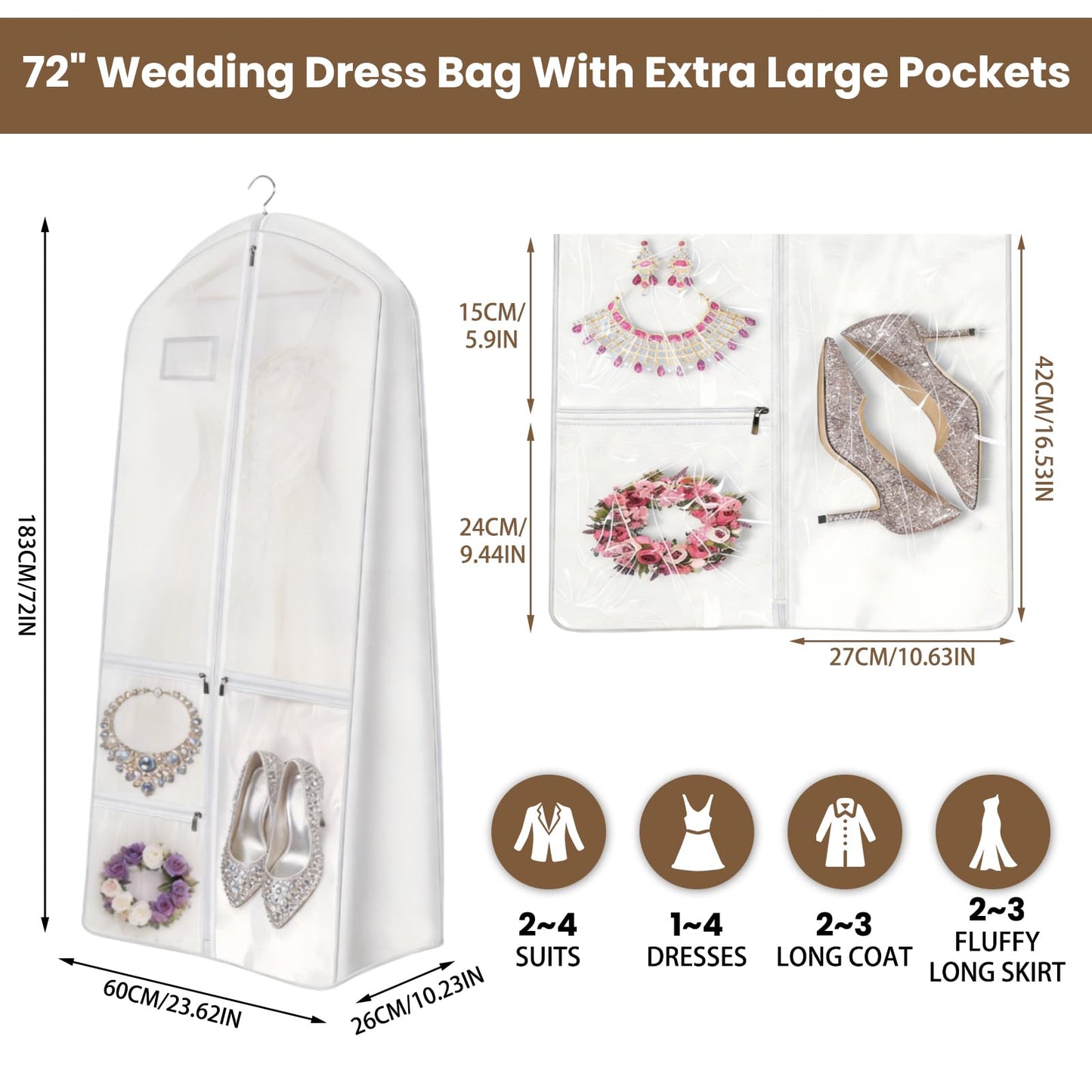 70" Wedding Dress Bag with Bride Tote Bag Covers Garment Bags with 3 Pockets and ID Slot Suit Carriers for Ball Gowns & Bridal Dress Dustproof Dress