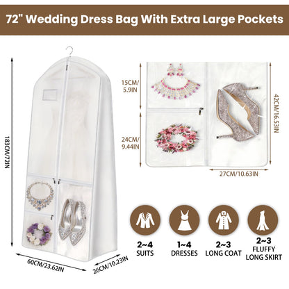 70" Wedding Dress Bag with Bride Tote Bag Covers Garment Bags with 3 Pockets and ID Slot Suit Carriers for Ball Gowns & Bridal Dress Dustproof Dress