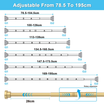 Shower Curtain Pole Extendable Curtain Poles 79-195 Cm Tension Rods For Curtains Extendable No Drill Shower Curtain Rail Non-Slip Gold Shower Pole