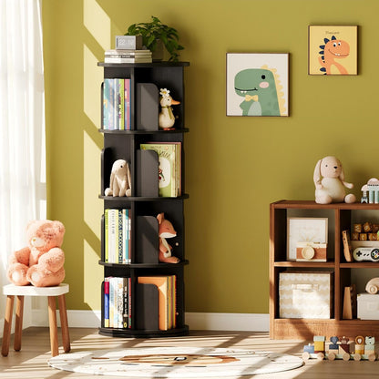 WEMANER 4-tier Rotating Kids Bookshelf, Wooden 360° Small Corner Revolving Spinning Bookcase