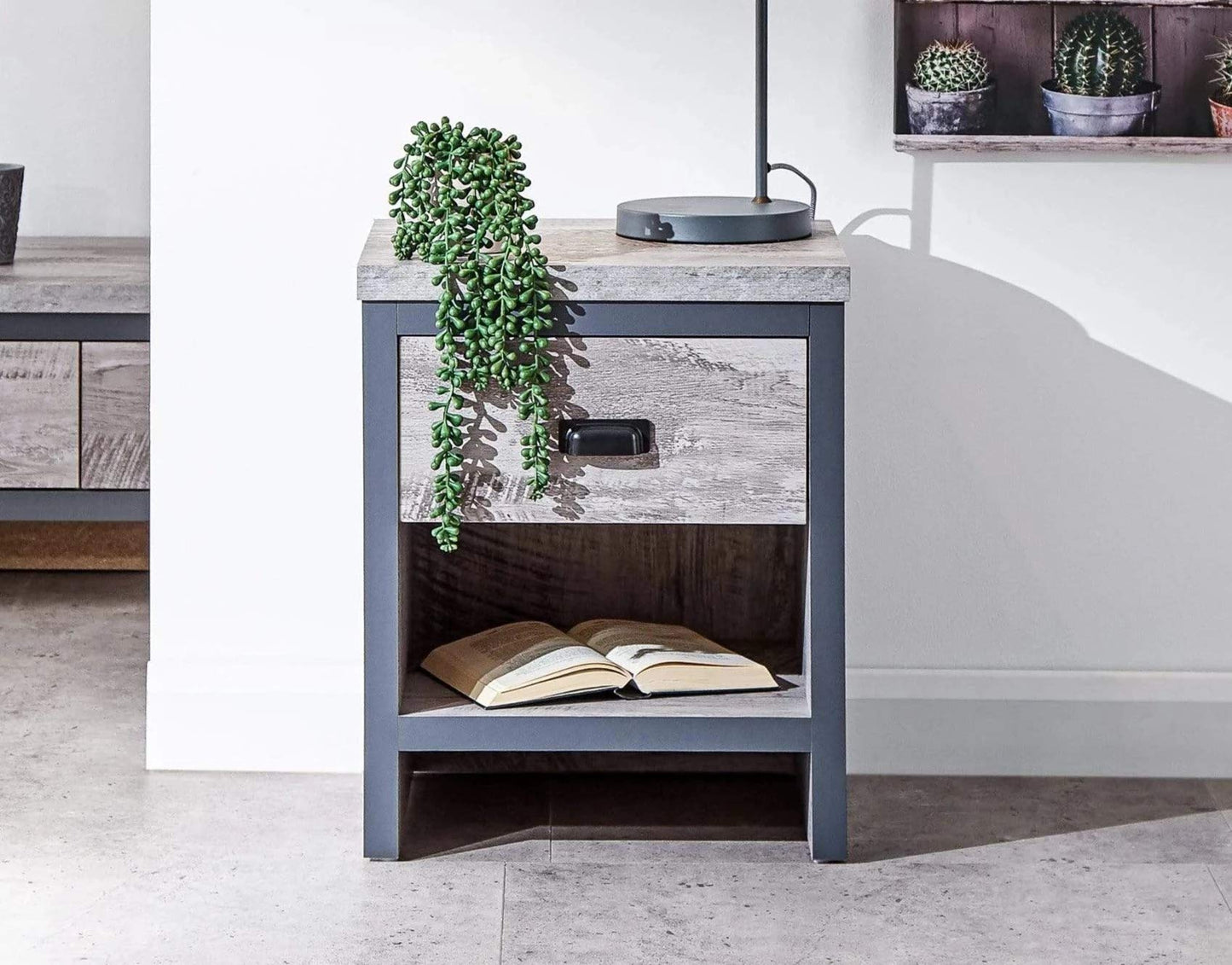 GFW Boston Grey Wood Effect Lamp Table, 1 Drawer Side Table with Storage, Industrial End Table with Chunky 30mm Top