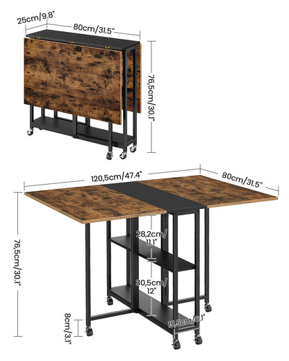 CHOEZON Folding Dining Table, Movable Dining Table, Expandable Kitchen Table, Versatile Breakfast Table with 6 Wheels and 2-Tier Shelf, for Dining